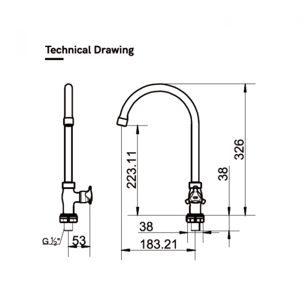 SM001632 Kran Dapur AER VOV 03C Brass Kitchen Faucet Technical drawing